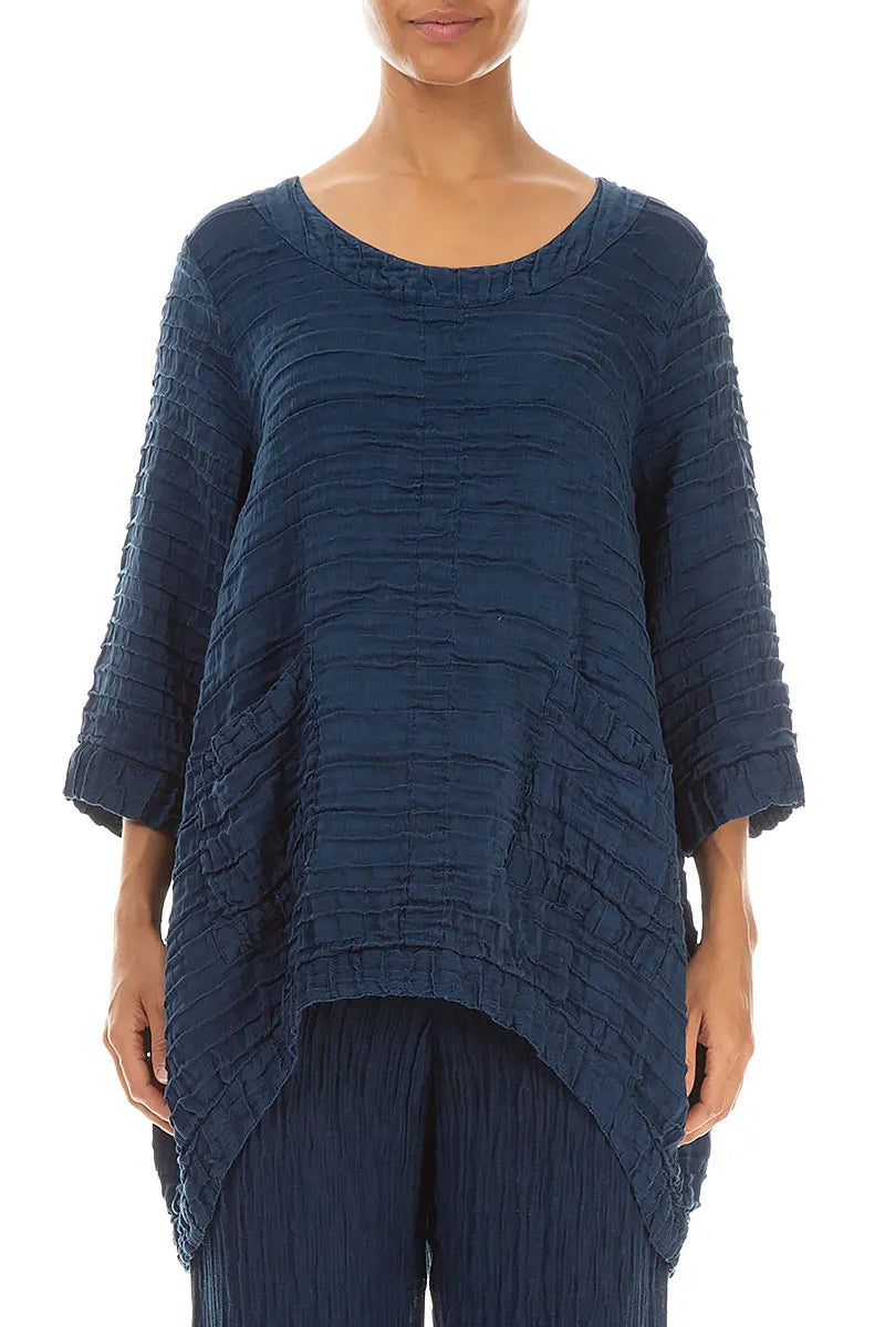 Longer Back Navy Crinkled Silk Tunic 1