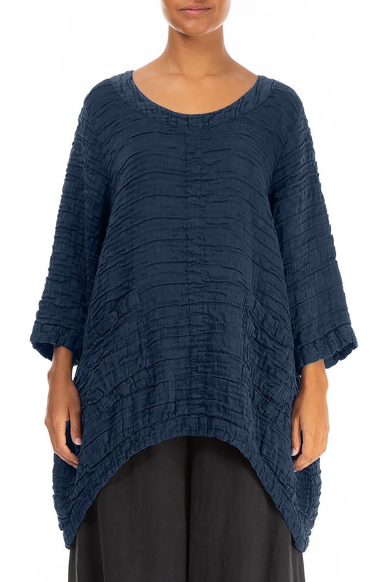 Longer Back Navy Crinkled Silk Tunic