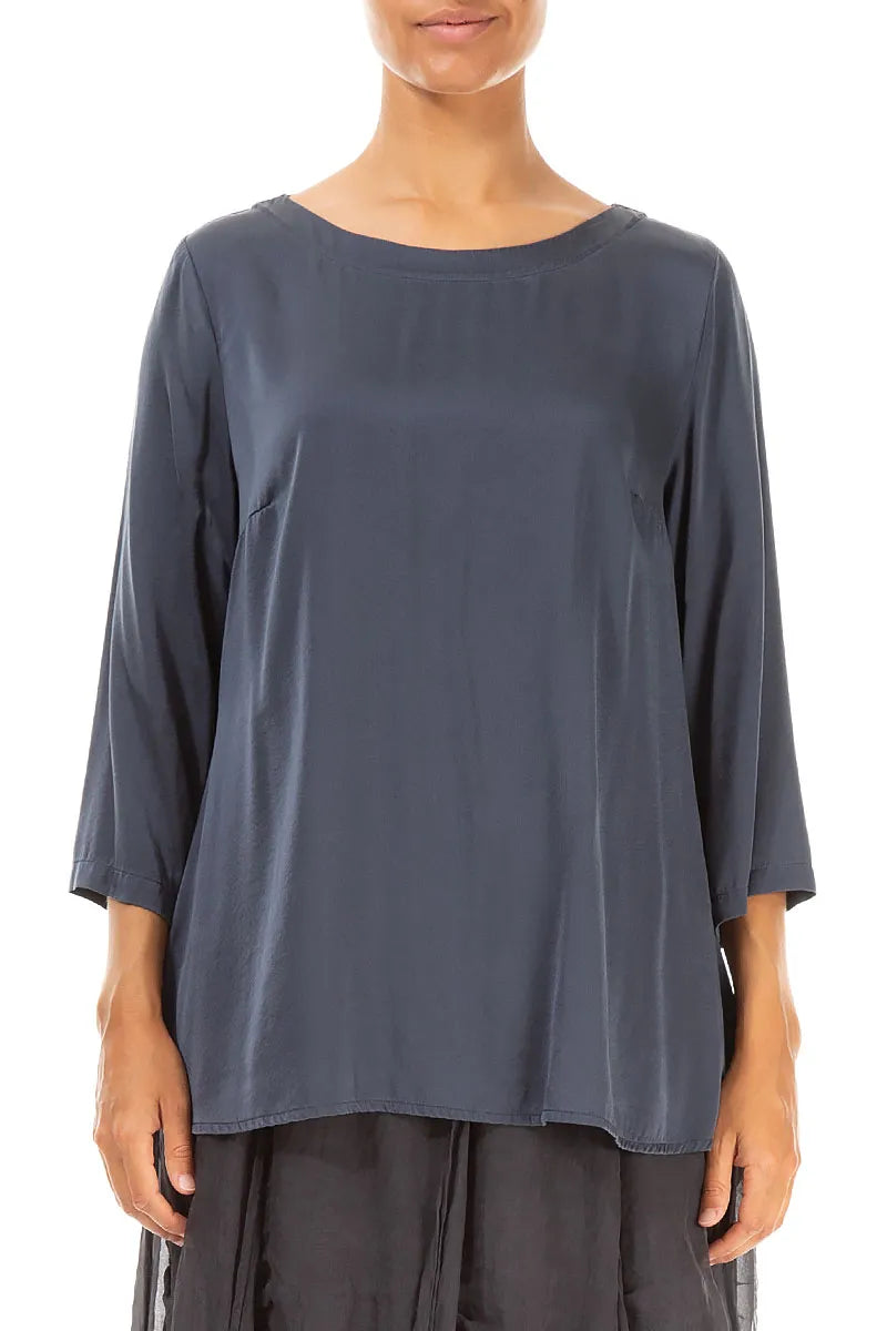 Longer Back Slate Blue Silk Blouse 1