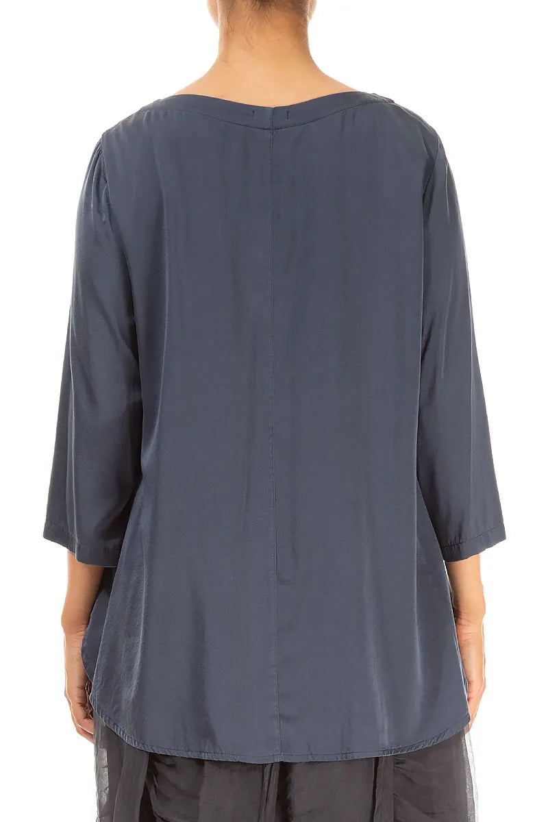 Longer Back Slate Blue Silk Blouse 2