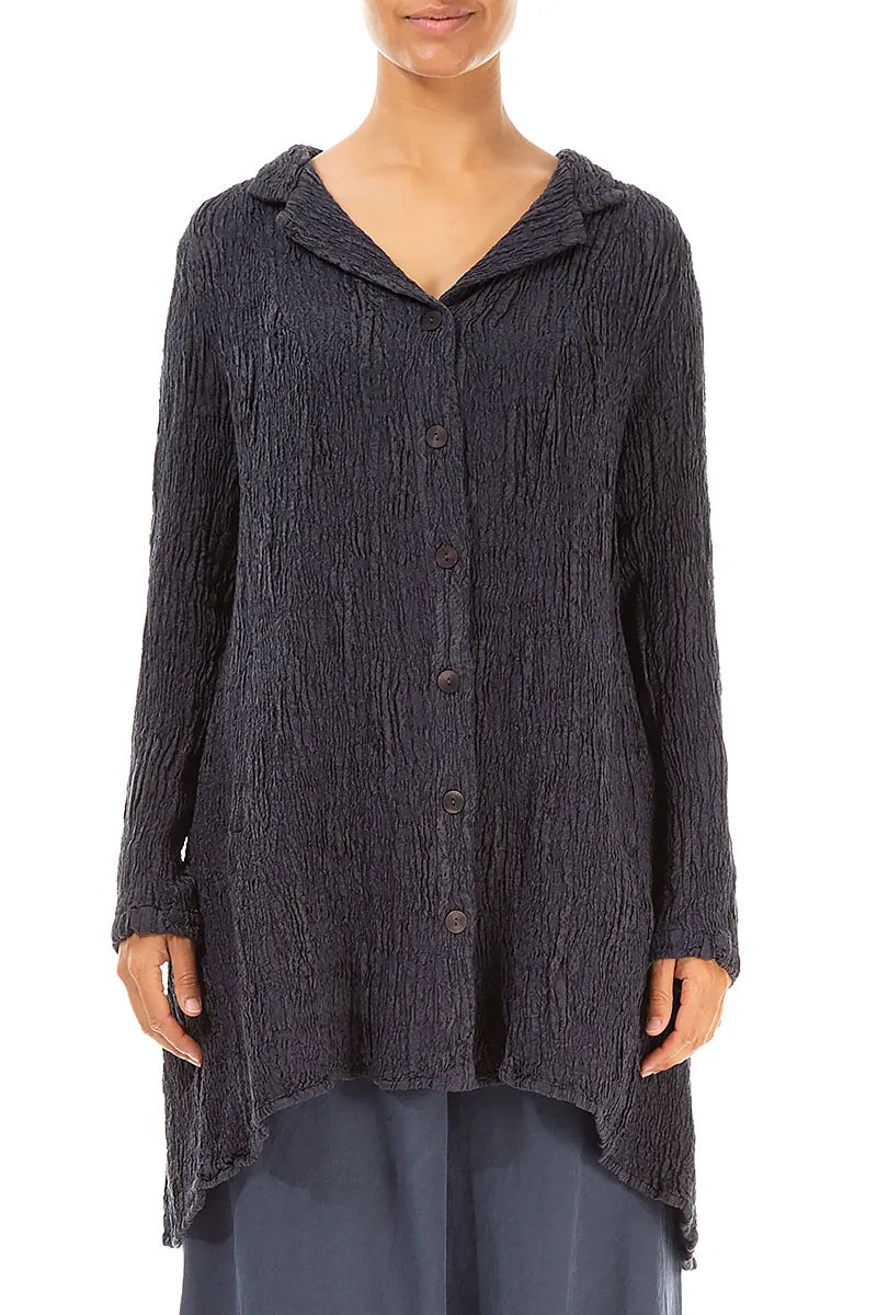 Longer Back Slate Blue Textured Silk Linen Jacket 1