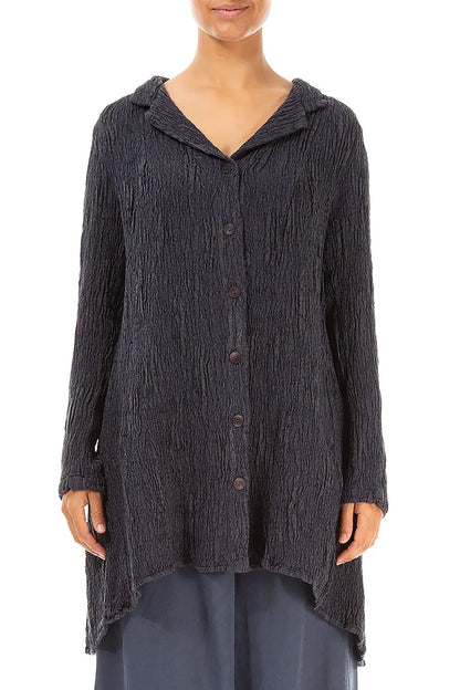 Longer Back Slate Blue Textured Silk Linen Jacket 1