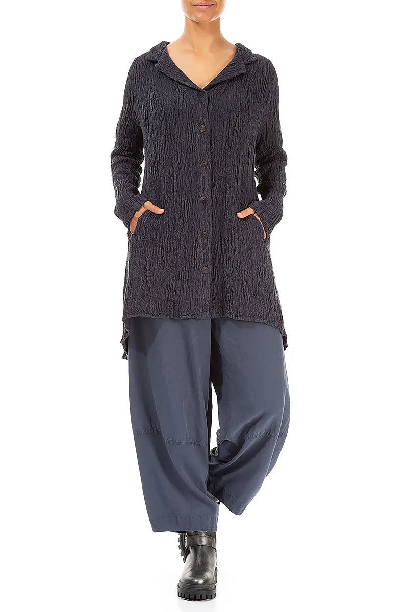 Longer Back Slate Blue Textured Silk Linen Jacket 4