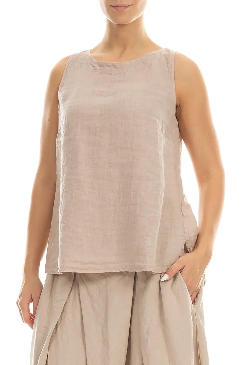 Longer Back Sleeveless Beige Linen Top