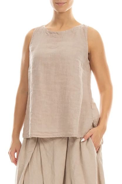 Longer Back Sleeveless Beige Linen Top