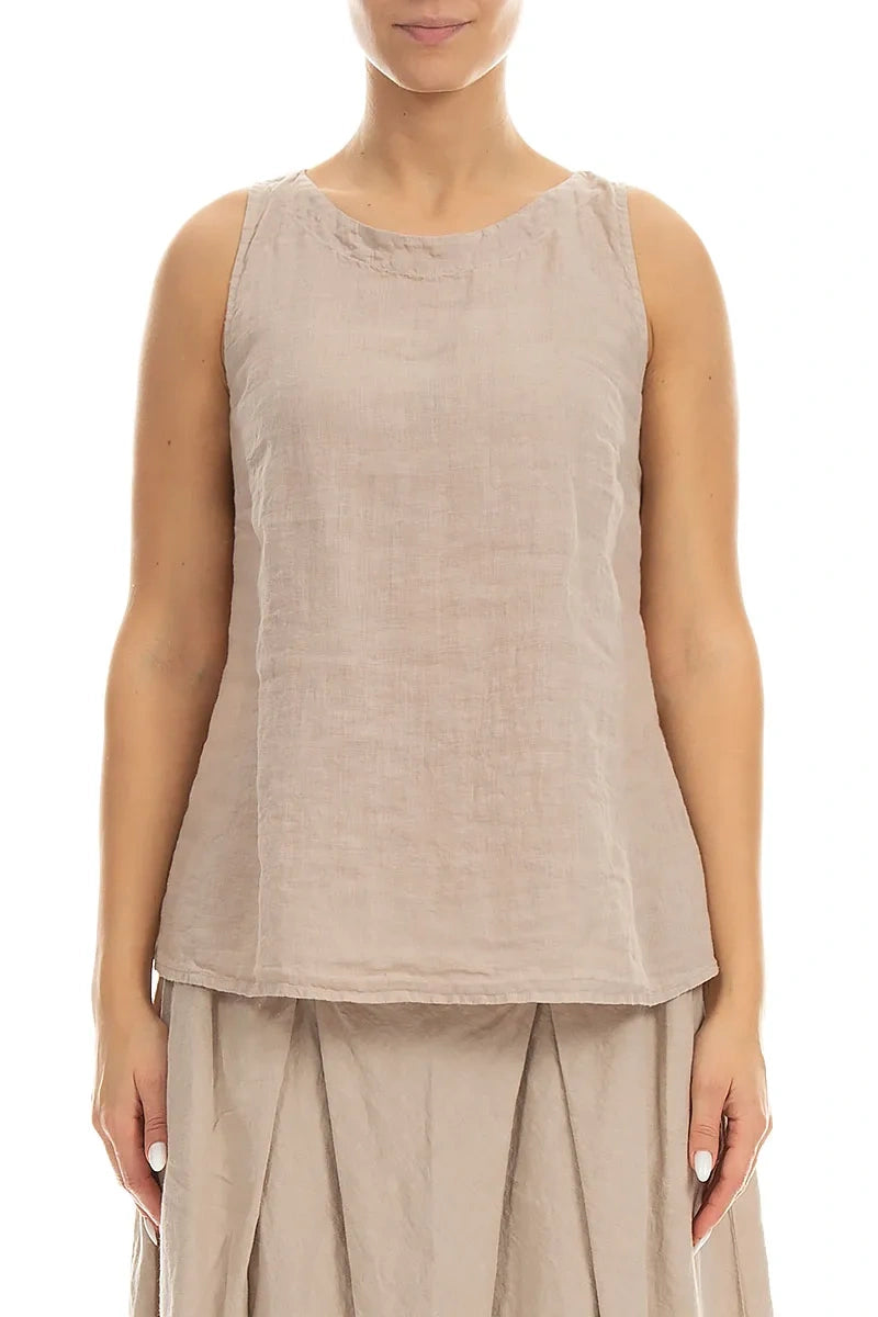 Longer Back Sleeveless Beige Linen Top