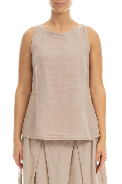 Longer Back Sleeveless Beige Linen Top