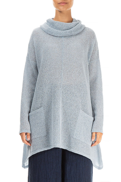 Longer Back Turtleneck Silver Blue Wool Sweater 1