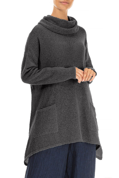 Longer Back Turtleneck Dark Grey Wool Sweater