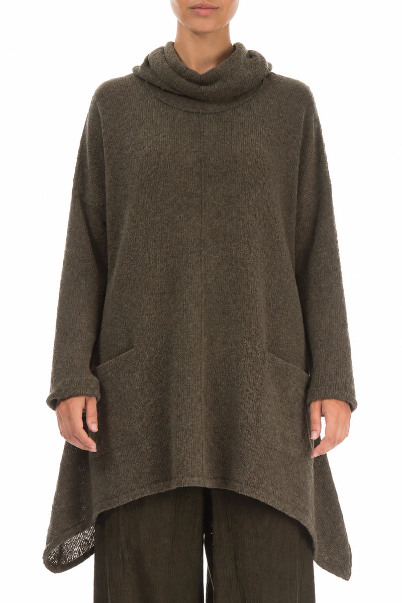 Longer Back Turtleneck Khaki Wool Sweater