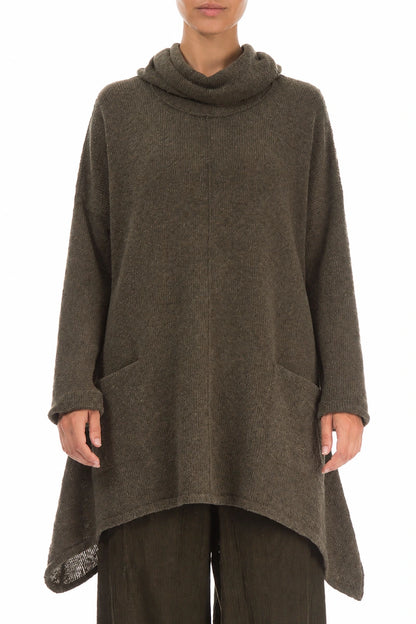 Longer Back Turtleneck Khaki Wool Sweater
