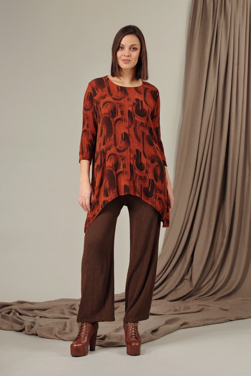 Longer Edge Burnt Orange Paintwave Silk Viscose Tunic