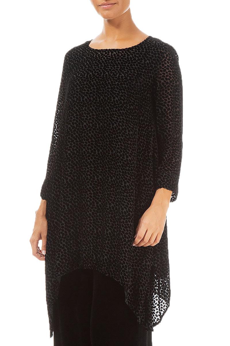 Longer Edge Devoré Dot Black Silk Velvet Tunic