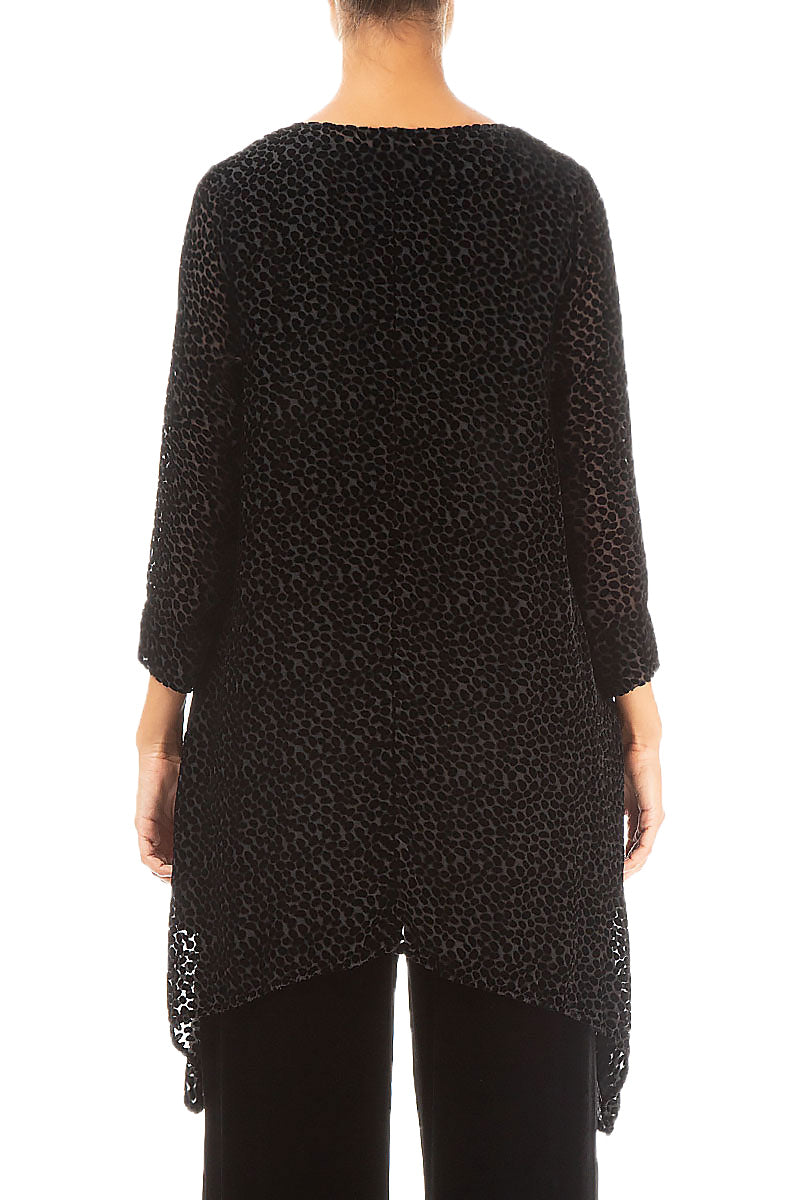 Longer Edge Devoré Dot Black Silk Velvet Tunic