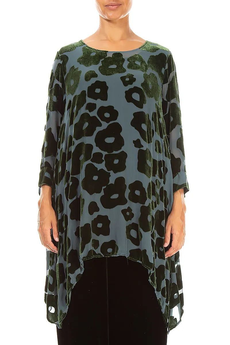 Longer Edge Shamrock Green Devoré Blooms Silk Velvet Tunic