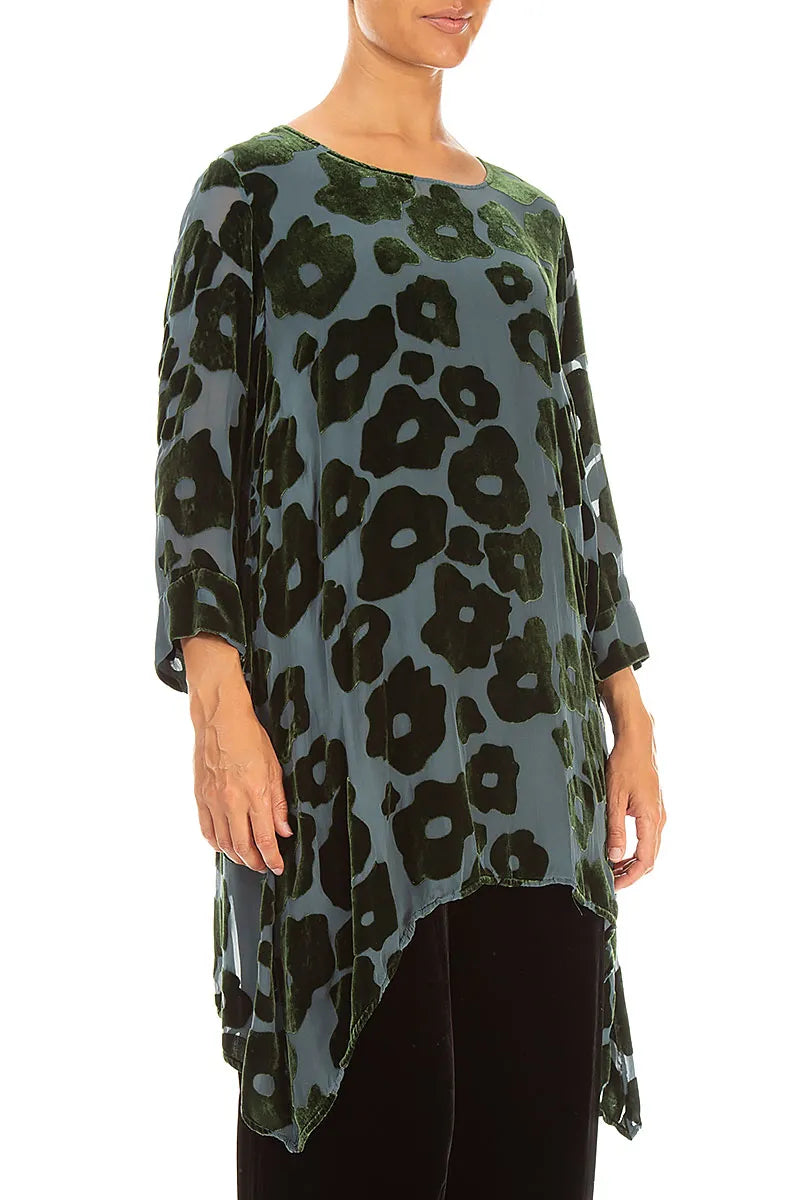 Longer Edge Shamrock Green Devoré Blooms Silk Velvet Tunic