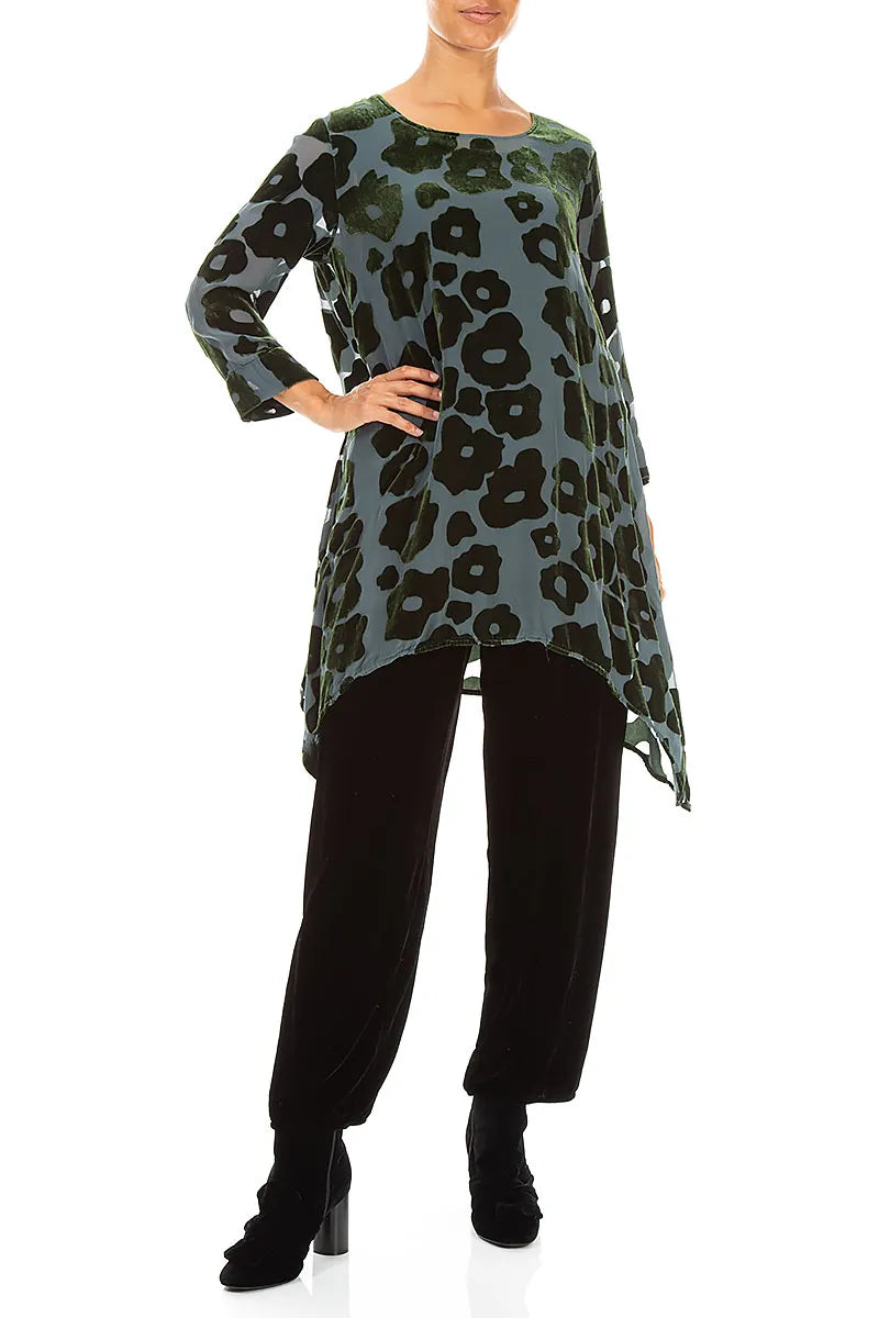 Longer Edge Shamrock Green Devoré Blooms Silk Velvet Tunic 4