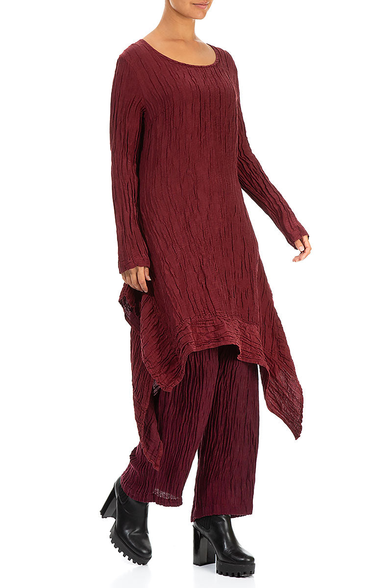 Longer Sides Crinkled Dark Red Silk Tunic Dress