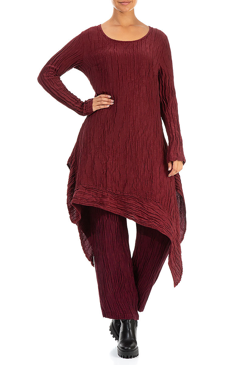 Longer Sides Crinkled Dark Red Silk Tunic Dress