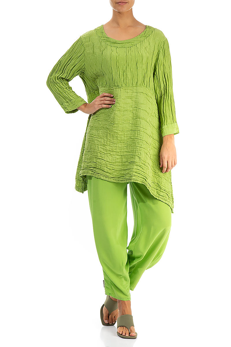Longer Sides Crinkled Green Silk Tunic 4