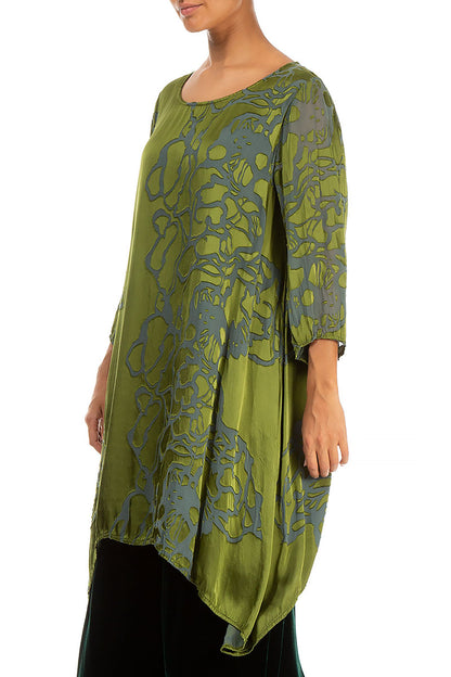 Longer Sides Floral Shamrock Green Silk Tunic
