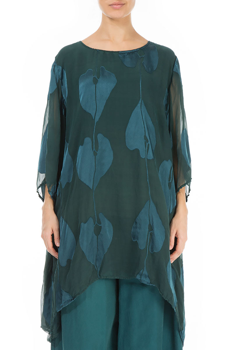 Longer Sides Leaves Pattern Emerald Silk Tunic