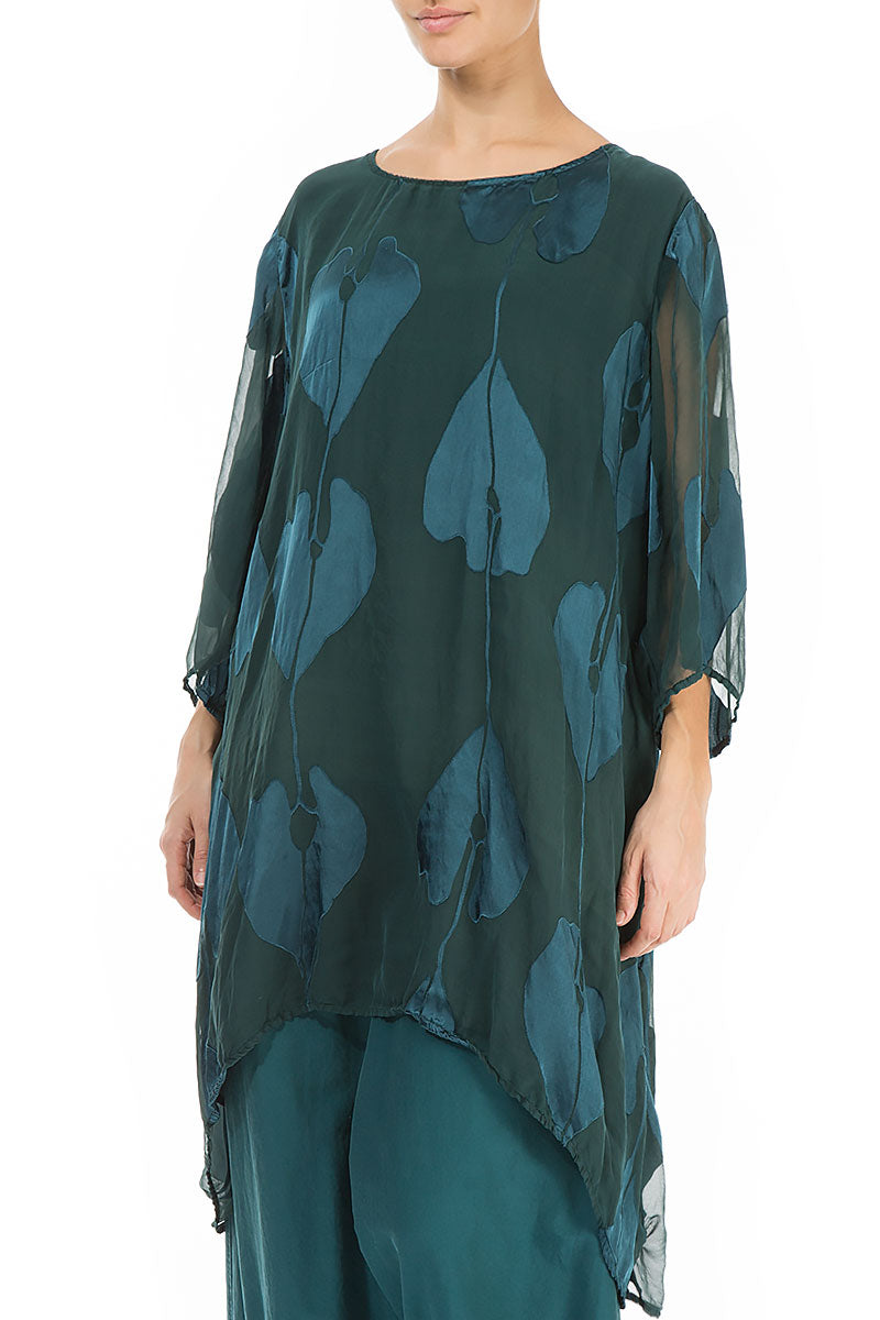 Longer Sides Leaves Pattern Emerald Silk Tunic