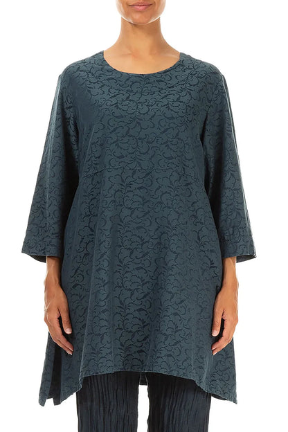 Longer Sides Ornamented Dark Teal Silk Cotton Tunic 1