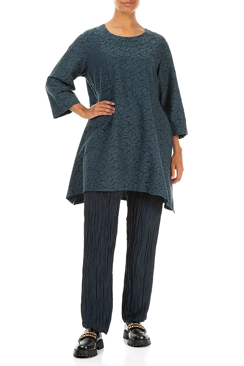 Longer Sides Ornamented Dark Teal Silk Cotton Tunic 4