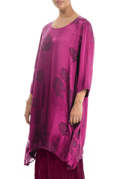 Longer Sides Roses Magenta Silk Tunic