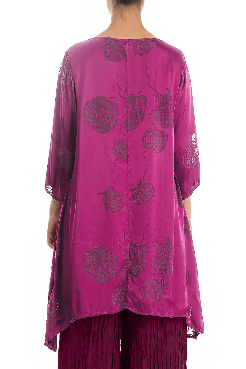 Longer Sides Roses Magenta Silk Tunic