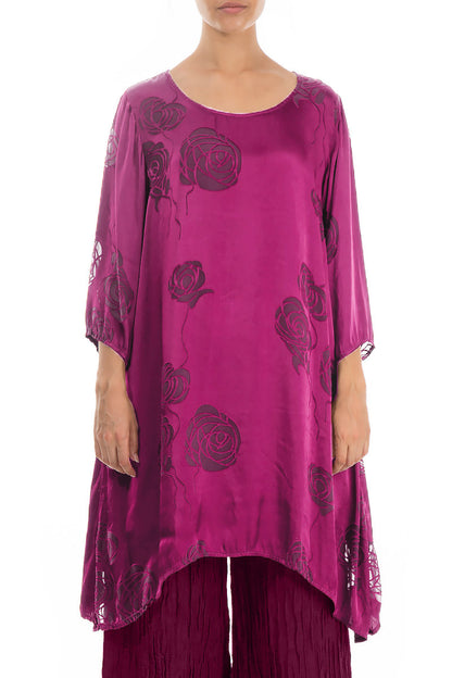 Longer Sides Roses Magenta Silk Tunic