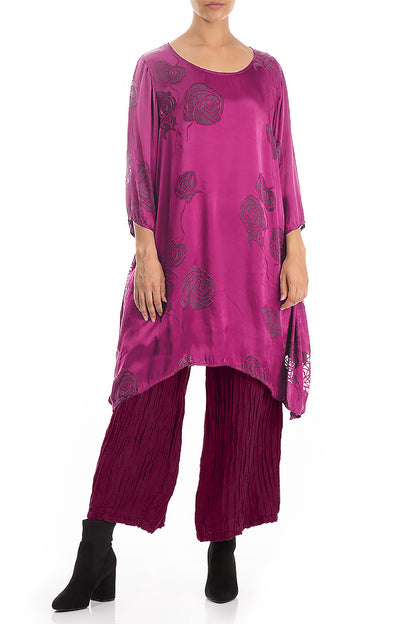 Longer Sides Roses Magenta Silk Tunic