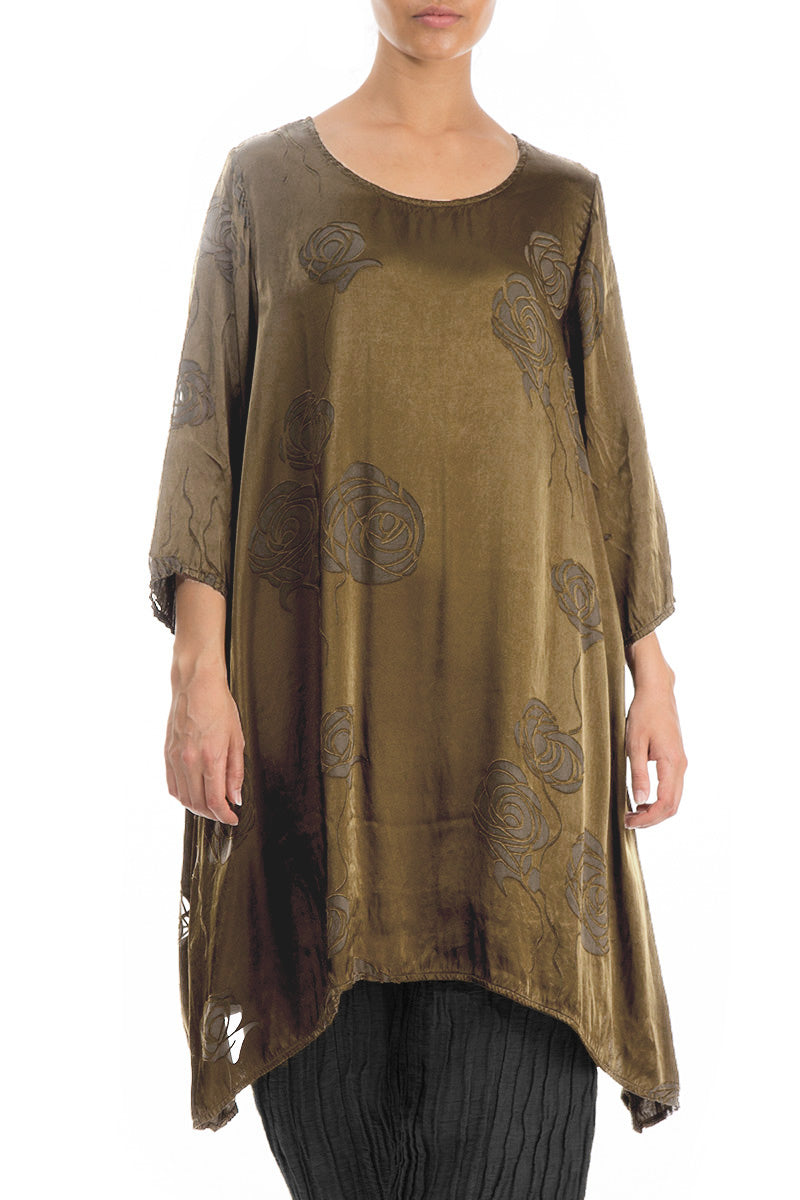 Longer Sides Roses Silver Sage Silk Tunic