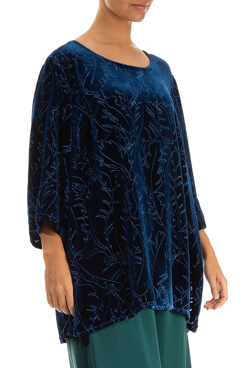 Loose Azure Devoré Feather Silk Velvet Tunic