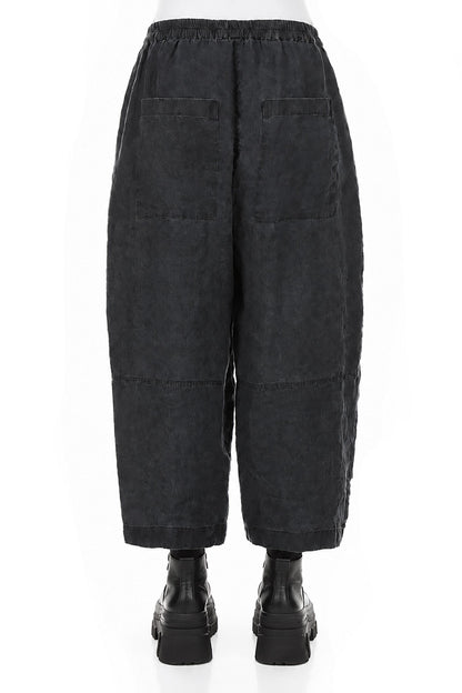 Loose Back Pockets Black Linen Trousers 2