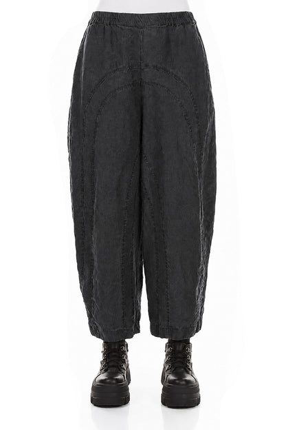 Loose Back Pockets Black Linen Trousers 1
