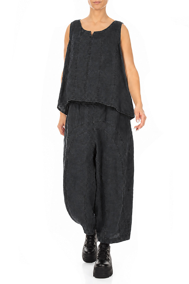 Loose Back Pockets Black Linen Trousers 4