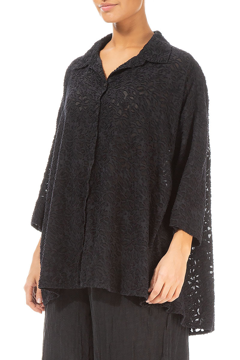 Loose Black Floral Texture Silk Shirt