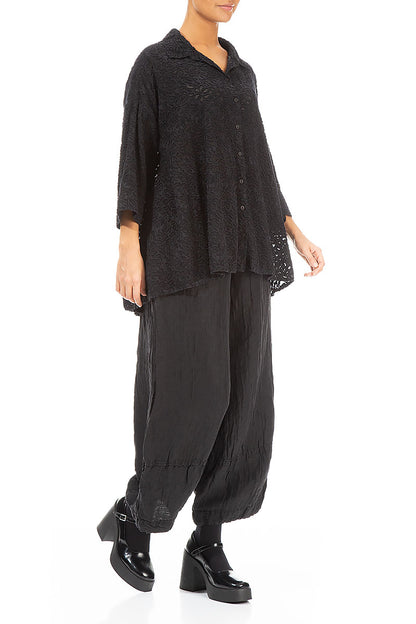 Loose Black Floral Texture Silk Shirt
