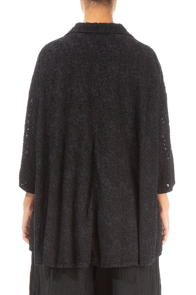 Loose Black Floral Texture Silk Shirt 2