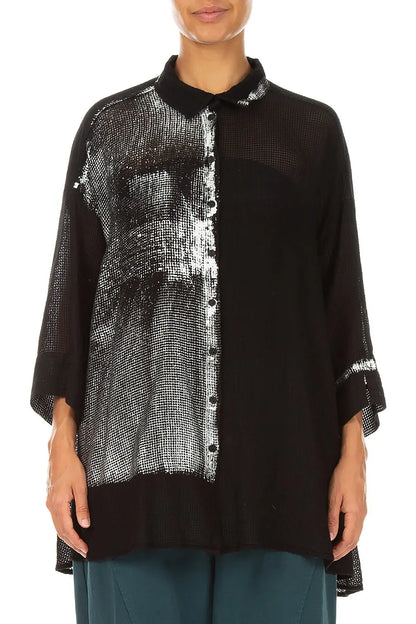 Loose Black Silver Metallic Mesh Silk Shirt 2