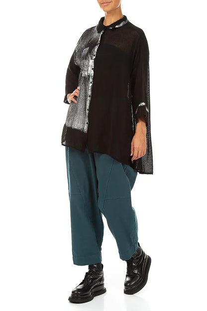 Loose Black Silver Metallic Mesh Silk Shirt 5
