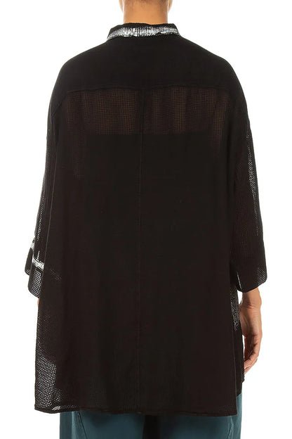 Loose Black Silver Metallic Mesh Silk Shirt 3