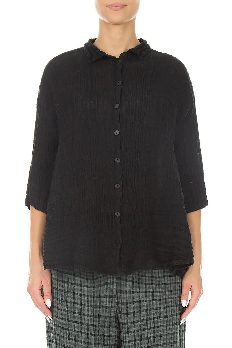 Loose Black Textured Gauze Linen Shirt 1