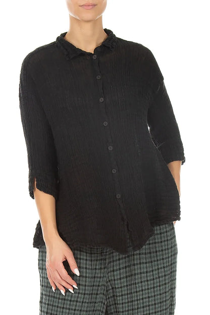 Loose Black Textured Gauze Linen Shirt 3
