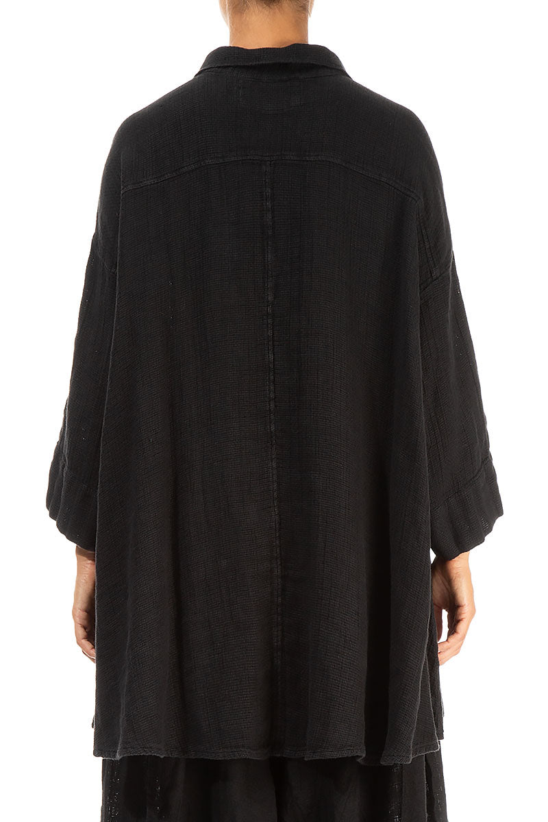 Loose Black Textured Linen Shirt