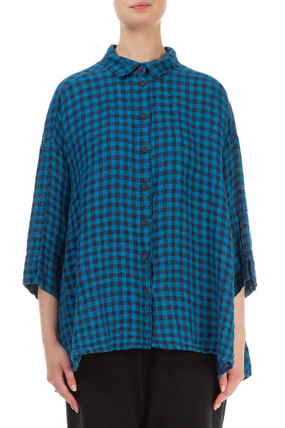 Loose Blue Check Linen Shirt