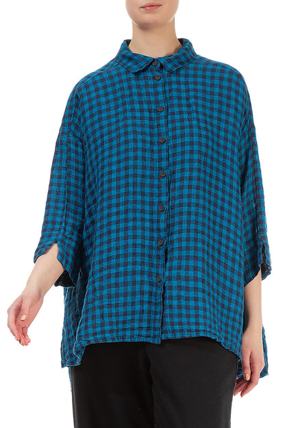 Loose Blue Check Linen Shirt