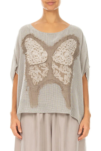 Loose Butterfly Beige Mesh Silk Blouse